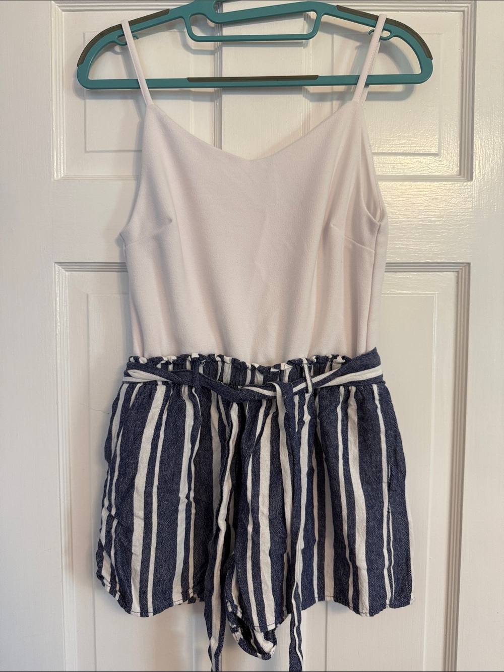 Women’s Navy & White Striped Tie-Waist Short romper